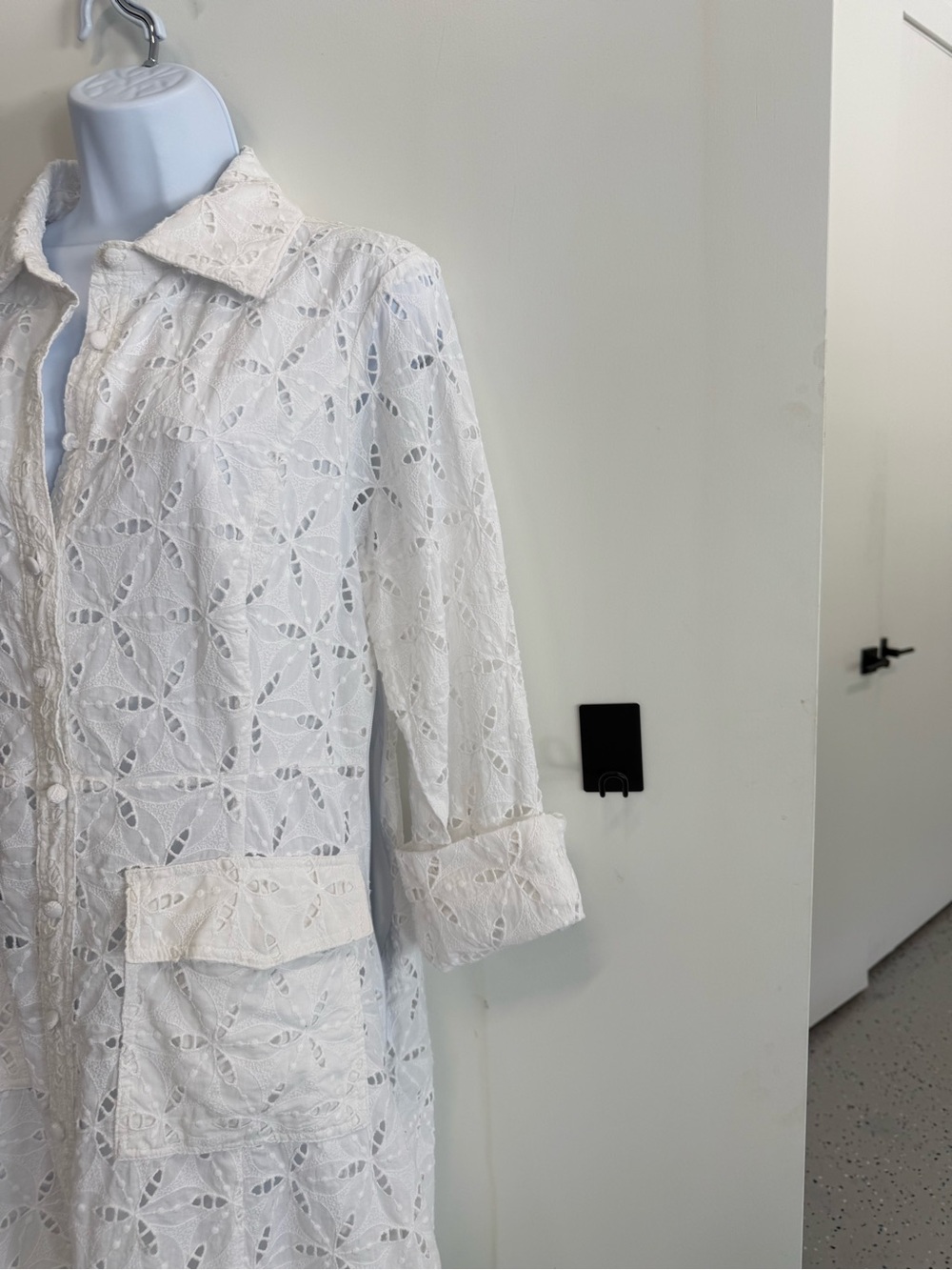 Kensie White Eyelet Lace Long Sleeve Shirt Dress